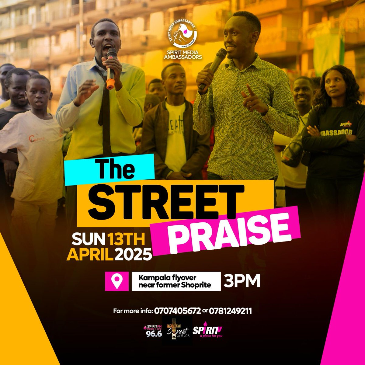 Good morning 🌞 Kampala.

Good news here oooh 
This Sunday once again, we are to be on the streets of Kampala proclaiming the name of Jesus Christ.

Come be a part of us, see y'all.

#StreetPraise 
#SpiritAmbassadors 
<a href="/Spiritfm966/">SPIRIT FM 96.6 UGANDA</a> 
<a href="/spirittvug/">SPIRIT TV</a>