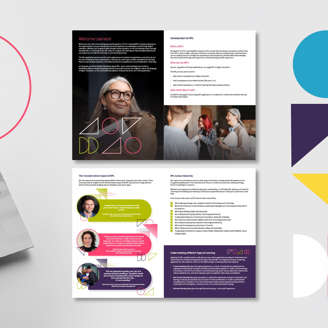 For <a href="/RPL_Irl/">RPL_Irl</a> (RPL), our design team developed a suite of print collateral including a Learner Guide, a Toolkit and stickers &amp; flyers.

To enhance readability, we used bold visuals, modern typography and clear layouts🌟

Visit our website to learn more👉 fuzion.ie
