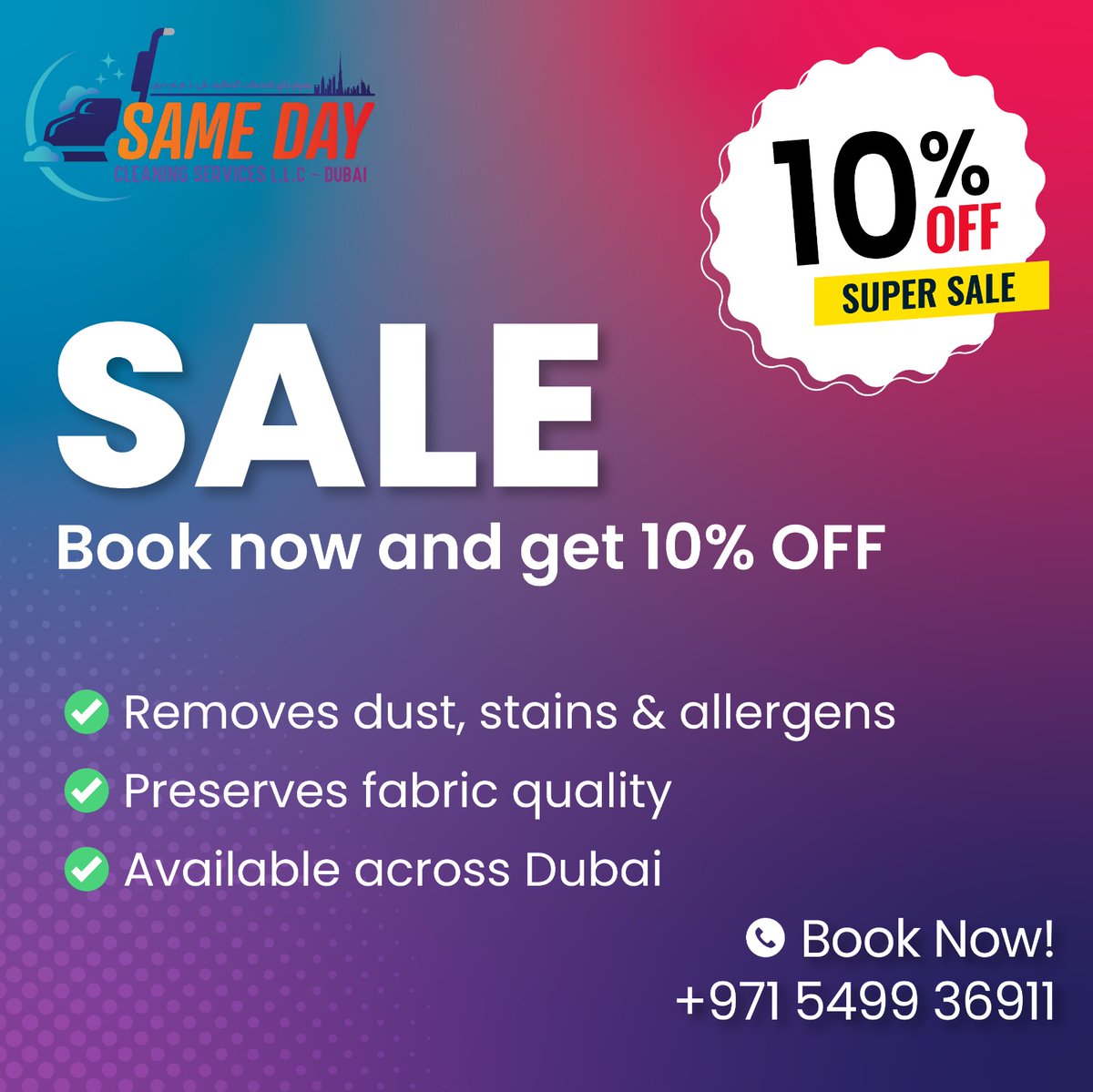 Samedayclean_'s tweet photo. ✨ Clean home. Happy vibes. Even better with 10% OFF!
Book your cleaning now!

Limited-time offer – grab it before it's gone! ⏳

📞 +971 5499 36911

#dubaiservices #cleaningdeal #10offdubai #dubaihomes #samedaycleaning #dustfreedubai #cleaningdubai #homecleaninguae #dubaisale https://t.co/p5rMyMubvh