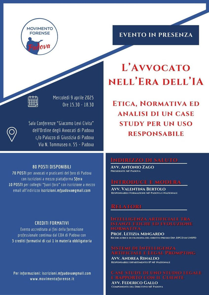 🔴 #movimentoforensepadova
🎓 #formazioneforense
🤖 #IA

🔜 Ci vediamo oggi pomeriggio presso la sala conferenze dell'Ordine degli Avvocati di Padova per parlare di #intelligenzaartificiale.

‼️ Vi aspettiamo!