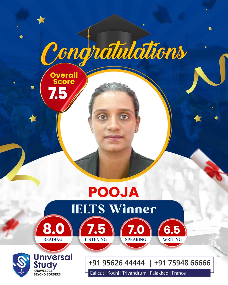 Study79364Study's tweet image. Cheers to Success! 🎓✨
Pooja nailed it with an impressive IELTS overall band of 7.5! Your hard work and dedication truly paid off. Here&apos;s to reaching new heights!

#UniversalStudy #languagestudio #IELTSWinner #IELTSSuccess #StudyAbroadGoals #UniversalStudy #ScoreBig