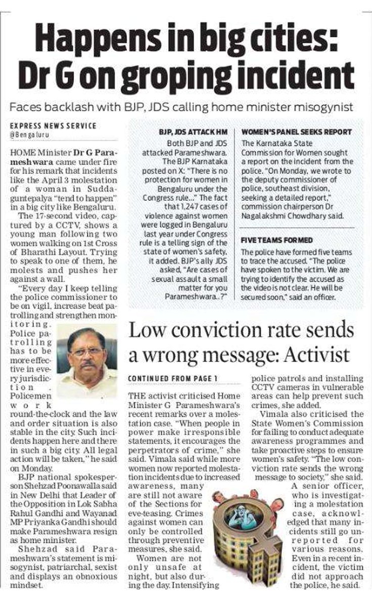 BJP4Karnataka's tweet photo. Shame on @DrParameshwara ! Bengaluru's women live in fear—1,247 cases of violence in a year, yet he calls it 'small.' You're unfit to be Home Minister - YOU MUST RESIGN!
#JusticeForWomen #BengaluruUnsafe https://t.co/l5jMlpFAUl