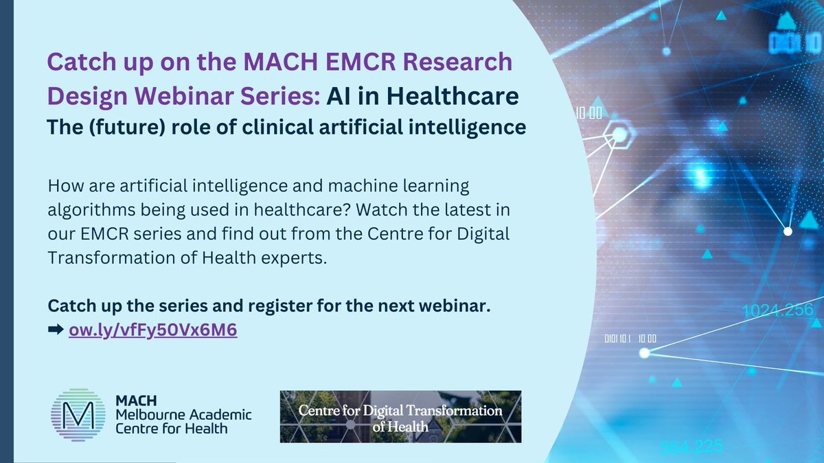 Melbourne Academic Centre for Health (@machaustralia) on Twitter photo Catch up on our latest EMCR Research Design Webinar 💻 AI in Healthcare 🏥 presented by the <a href="/DT4Health/">Centre for Digital Transformation of Health</a> experts.
Using real-world examples, this session covers the role of design thinking, data sources & access, feasibility testing & tool development.
➡️ ow.ly/vfFy50Vx6M6 Catch up on our latest EMCR Research Design Webinar 💻 AI in Healthcare 🏥 presented by the <a href="/DT4Health/">Centre for Digital Transformation of Health</a> experts.
Using real-world examples, this session covers the role of design thinking, data sources & access, feasibility testing & tool development.
➡️ ow.ly/vfFy50Vx6M6