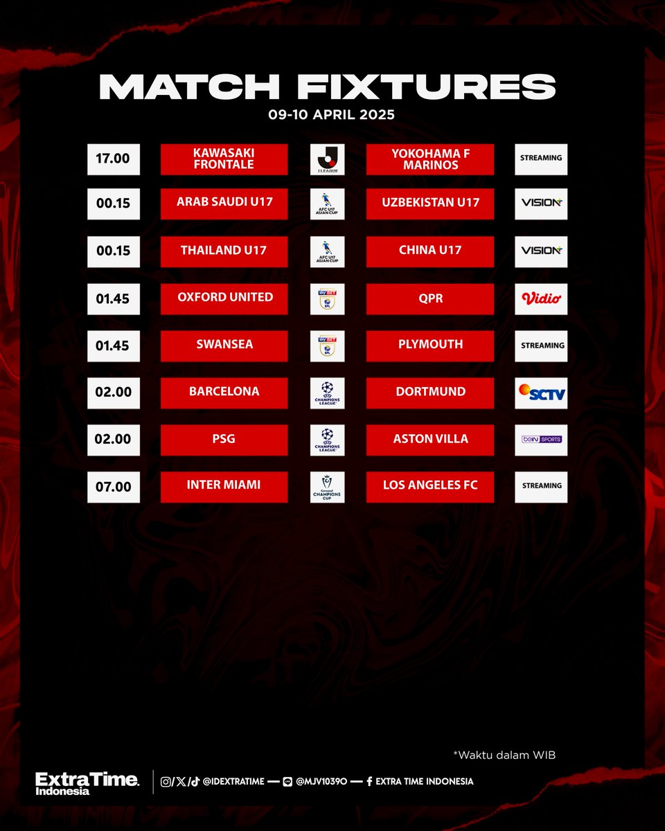 #JadwalBolaET Malam Ini!

02.00 | Barcelona v Dortmund - SCTV
02.00 | PSG v Aston Villa - beIN, Vidio, Vision+
07.00 | Inter Miami v Los Angeles FC - Stream

Kanan atau kiri wib?