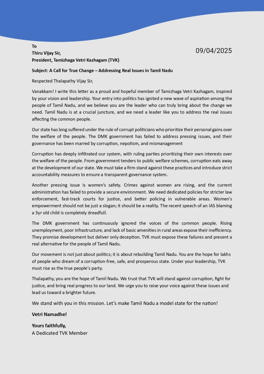 RajaOG5's tweet photo. Today I wrote a letter to @TVKVijayHQ on suggestions@tvkvijay.com addressing various issues.
@TVKVijayHQ
 @YourNanban 
@ViewofThiyagu01 
@Sanmugapriya51
 @Pradeepmsg
 @LoyolaMani 
#TVKVijay‌ 
#TvKVijayCM2026 https://t.co/xI0oyYcInM