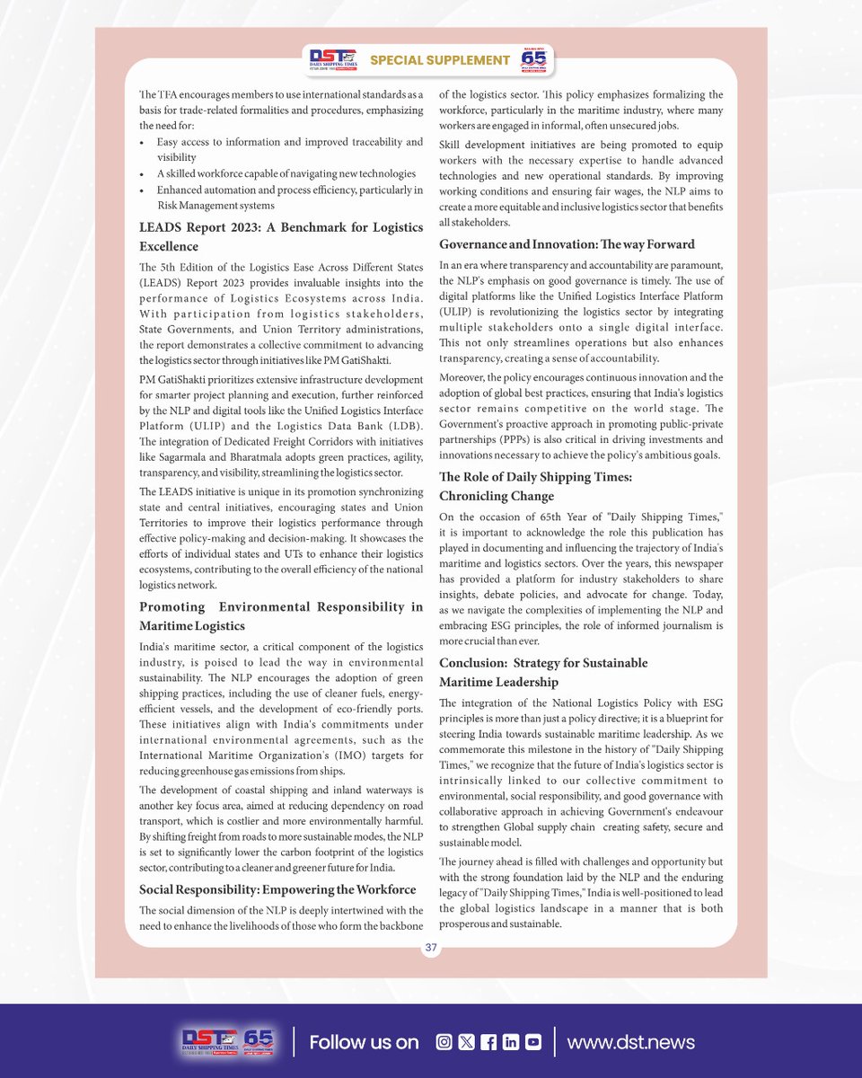 Daily Shipping Times (@dstnews) on Twitter photo We are honoured to feature Mr. <a href="/shankarglobalch/">Shankar Shinde</a> in our special #DST65 magazine, as he delves into the crucial topic of National Logistics Policy and ESG: Navigating India Toward Sustainable Maritime Excellence.🌟
With a strong focus on sustainability, resilience, and innovation, We are honoured to feature Mr. <a href="/shankarglobalch/">Shankar Shinde</a> in our special #DST65 magazine, as he delves into the crucial topic of National Logistics Policy and ESG: Navigating India Toward Sustainable Maritime Excellence.🌟
With a strong focus on sustainability, resilience, and innovation,