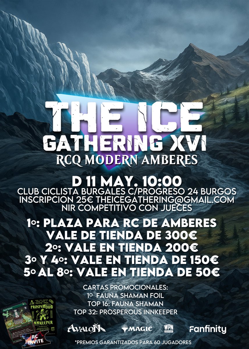 The Ice Gathering vuelve con la época del deshielo. Este año nos adelantamos para coincidir con la temporada de Modern y así poder ofrecer plaza para el RC de Amberes, Bélgica. Apunta la fecha: 11 de mayo, Burgos.

¡¡Bienvenidos a The Ice Gathering XVI!!

#MTG  #modern #burgos