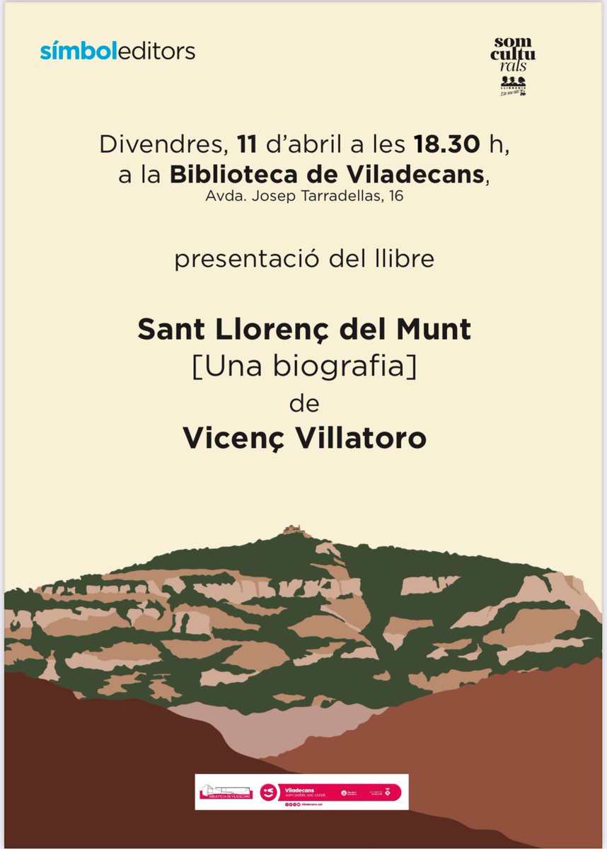 Continuem amb les presentacions! Divendres, 11 d’abril, a Viladecans <a href="/ViladecansTweet/">AjuntamentViladecans</a>, Vicenç Villatoro presenta SANT LLORENÇ DEL MUNT [Una biografia]. Us esperem a les 18.30h a la Biblioteca de Viladecans <a href="/ElsNouRals/">Llibreria ElsNouRals</a>