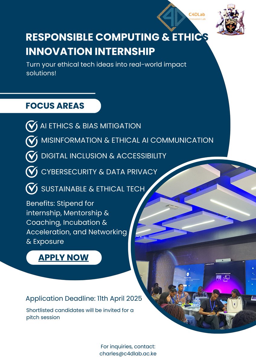 C4DLab's tweet image. In TWO days Only, You Could be a Paid Intern at the C4DLab! Why Miss Out? Hurry &amp;amp; Apply: shorturl.at/4u9JG @uonbi @UoNDVCRIE @UONFST @UoN_FHS @UoN_Engineering @uoneducation @uonbibusiness @uoneducation @UoNLawFaculty @HumanitiesUoN @UoNVetmed @uonagriculture
#TechInternship