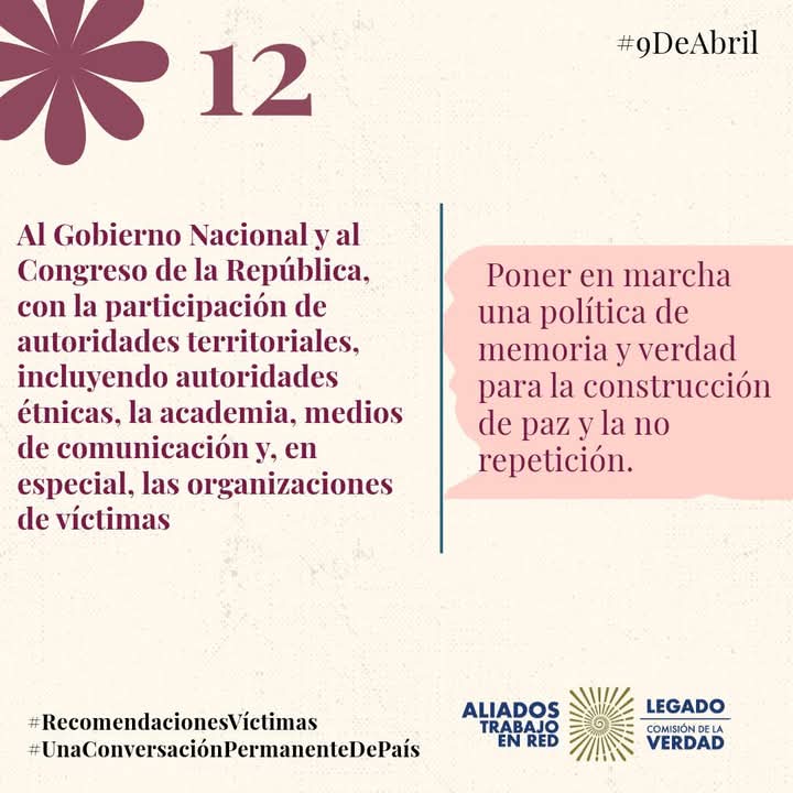 FMatarraton's tweet image. ¿Sabes que recomendó la Comisión de la verdad para la no repetición en el tema de víctimas?

Aquí te lo contamos y te invitamos a revisar cada una de las recomendaciones 

#9DeAbril
#RecomendacionesVíctimas
#UnaConversaciónPermanenteDePaís