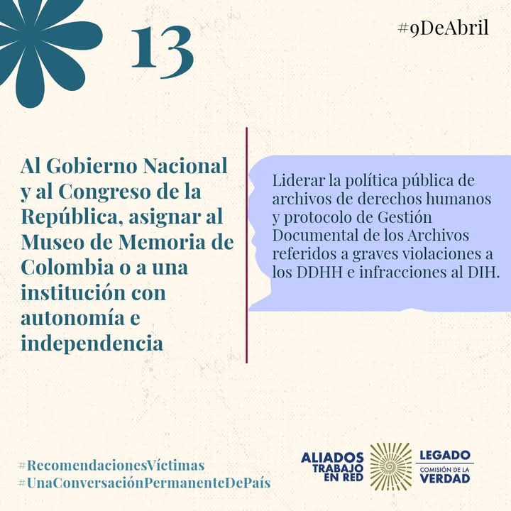 FMatarraton's tweet image. ¿Sabes que recomendó la Comisión de la verdad para la no repetición en el tema de víctimas?

Aquí te lo contamos y te invitamos a revisar cada una de las recomendaciones 

#9DeAbril
#RecomendacionesVíctimas
#UnaConversaciónPermanenteDePaís