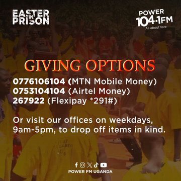 Rebecca Makyeli (@rebeccamakyeli) on Twitter photo If you’re looking for a way to give back this Easter season, consider partnering with <a href="/powerfmuganda/">Power 104.1 FM</a> to make this Easter one to remember for the inmates of Gulu Main Prison.
Giving details on the posters below 👇🏾
#EasterInPrison
#PFMEasterInPrison If you’re looking for a way to give back this Easter season, consider partnering with <a href="/powerfmuganda/">Power 104.1 FM</a> to make this Easter one to remember for the inmates of Gulu Main Prison.
Giving details on the posters below 👇🏾
#EasterInPrison
#PFMEasterInPrison