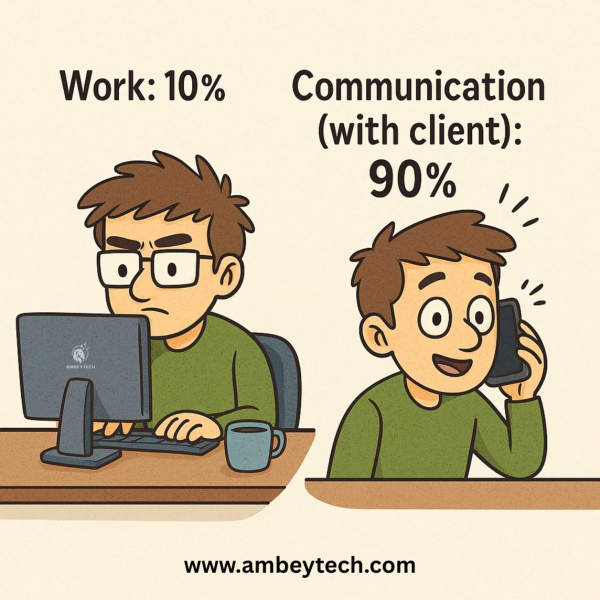 Ambeytech1's tweet photo. 👨‍💻 When you're hired to work but end up being a full-time client whisperer... 😅
At Ambeytech, we speak fluent code 🧑‍💻 — and fluent client too 📞😎

Work: 10%
Explaining to client: 90% 😂

#Ambeytech #DeveloperLife #ClientCalls #SoftwareEngineer #CodeVsClient #ITCompany https://t.co/rTyXAmnVmi