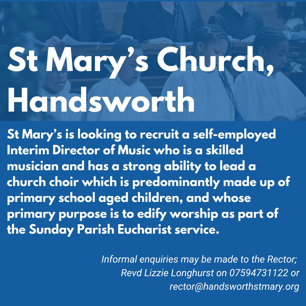 St Mary’s is looking to recruit a self-employed Interim Director of Music who is a skilled musician and has a strong ability to lead a church choir which is predominantly made up of primary school aged children.
For more information please visit: handsworthstmary.org/interim-direct…