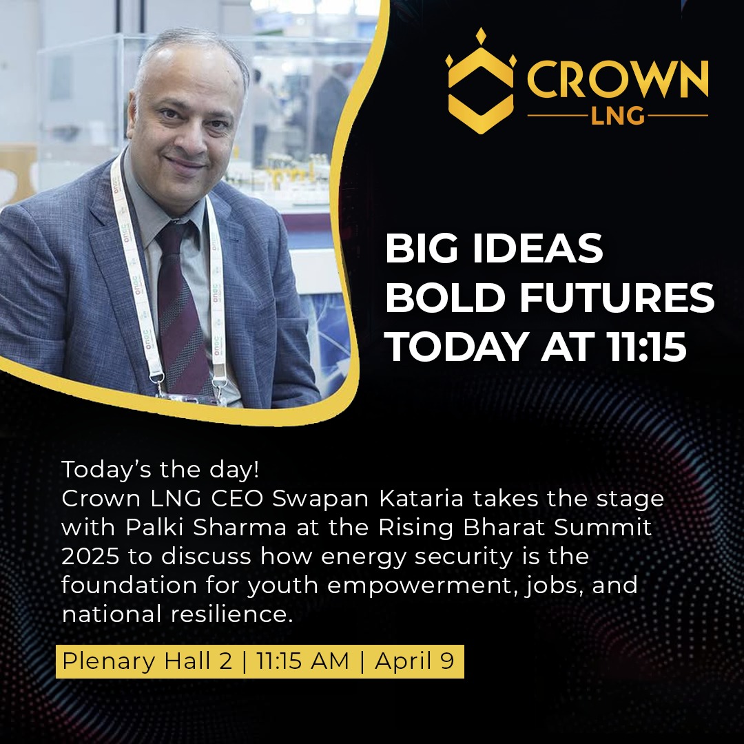 Crown_LNG's tweet photo. Crown LNG CEO Swapan Kataria takes the stage with Palki Sharma at the Rising Bharat Summit 2025 to discuss how energy security is the foundation for youth empowerment, jobs, and national resilience. 

Plenary Hall 2 | 11:15 AM | April 9
#CrownLNG #RisingBharatSummit #EnergyForIndia #YouthEmpowerment #SwapanKataria #PalkiSharma