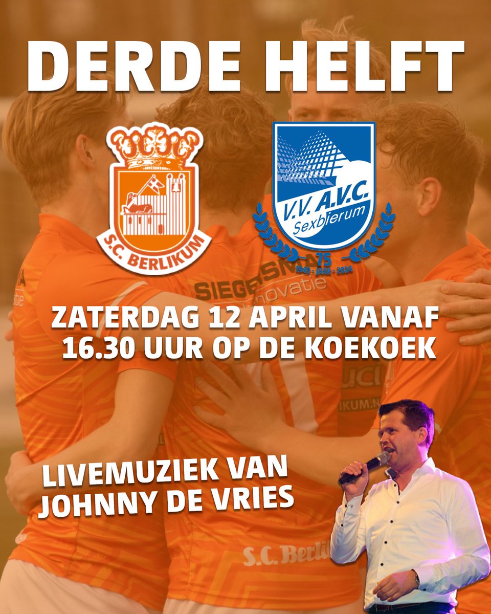 🔜 Zaterdag 12 april: 𝗗𝗘𝗥𝗗𝗘 𝗛𝗘𝗟𝗙𝗧…

⚔️ Na SCB 1 tegen VV AVC 1
🕰️ Vanaf 16.30 uur in de kantine
🎶 Livemuziek van Johnny de Vries

Op naar een mooie dag op De Koekoek! 🧡🤍

#FORZASCB #SCBerlikum
