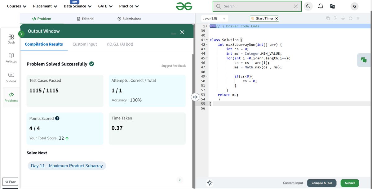 NagwaniGaurav's tweet photo. 🚀 Day -10 | #gfg160 ⚡📈
Solved Kadane’s Algorithm — mastered the max subarray sum in linear time! 💪🔥
#geekstreak2025 #DSA #Kadane #CodeEveryday #ProblemSolving #ArrayMagic
@geeksforgeeks https://t.co/mGreJc2caq