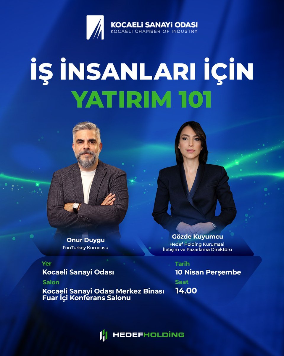 Hedef Holding olarak Kocaeli Sanayi Odası iş birliği ile gerçekleştireceğimiz Türkiye ve küresel piyasalardaki gelişmeler hakkındaki 'İş İnsanları İçin Yatırım 101' seminerine davetlisiniz.

Seminerde makroekonomik tahminler, enflasyona karşı korunmada yatırım fonları, VİOP’ta