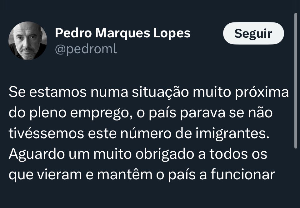 Os imigrantes que vêm para Portugal não estão a fazer os trabalhos que os portugueses não querem fazer. Estão, sim, a aceitar os salários miseráveis que muitos portugueses se recusam a receber.

Estão a sujeitar-se a condições de trabalho e de vida dignas de um país de terceiro