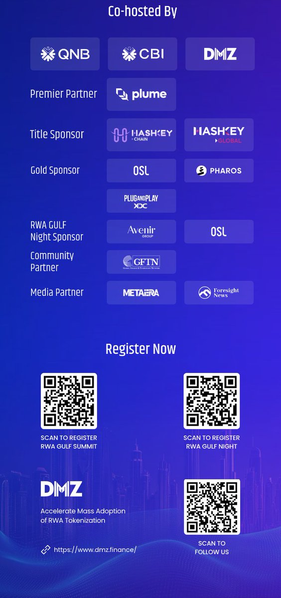 🎊Coming Soon! #RWAGULFSUMMIT | April 29 | DUBAI

We’re excited to announce the exclusive #RWAGULFSUMMIT and #RWAGULFNIGHT co-hosted by Qatar National Bank <a href="/QNBGroup/">QNBGroup</a> , Commercial Bank International and <a href="/DMZ_Finance/">DMZ Finance</a> taking place at <a href="/DIFC/">DIFC</a> Dubai on April 29, 2025.  

🌍In alignment
