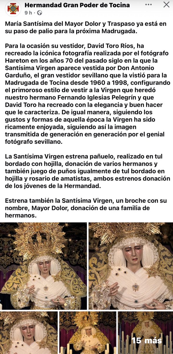 Gracias a mi querida hermandad del Gran Poder de Tocina por depositar toda la confianza en poder servir con todo lo mejor a su bendito tesoro más preciado.