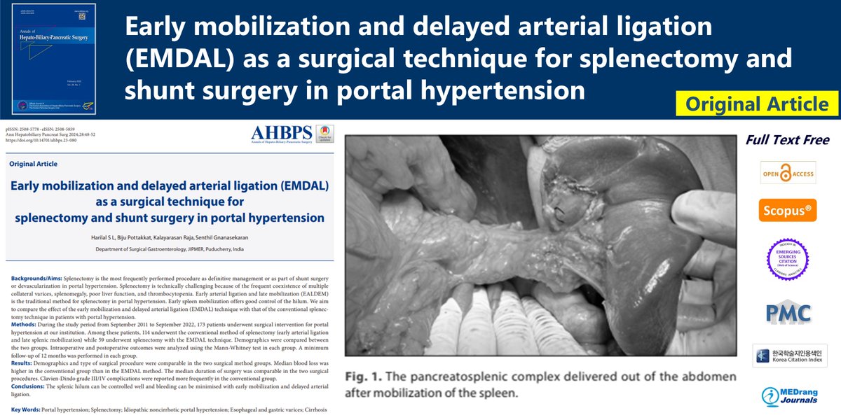 Journal_AHBPS's tweet image. Early mobilization and delayed arterial ligation (EMDAL) as a surgical technique for splenectomy and shunt surgery in portal hypertension
🌷doi.org/10.14701/ahbps…
2024 Feb;28(1)Harilal S L,
#Portal_hypertension #Splenectomy #Esophageal_and_gastric_varices #Cirrhosis