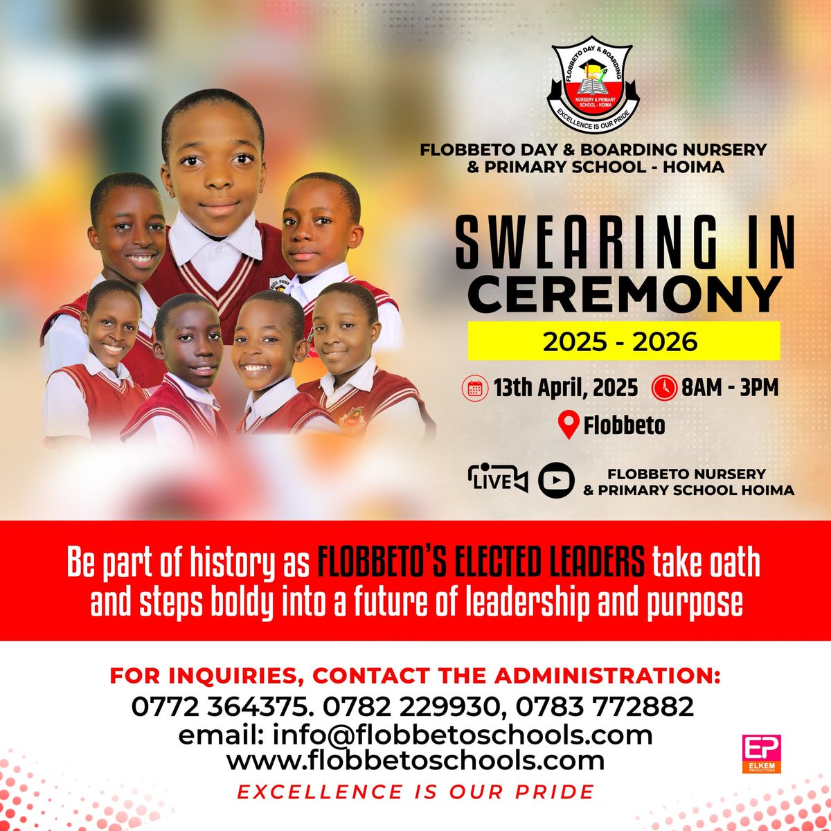 Leadership starts here! On Sunday 13th April, 2025, Flobbeto will host a memorable swearing-in ceremony for its elected student leaders.

Come celebrate this milestone and be inspired by the bold steps of our young changemakers.