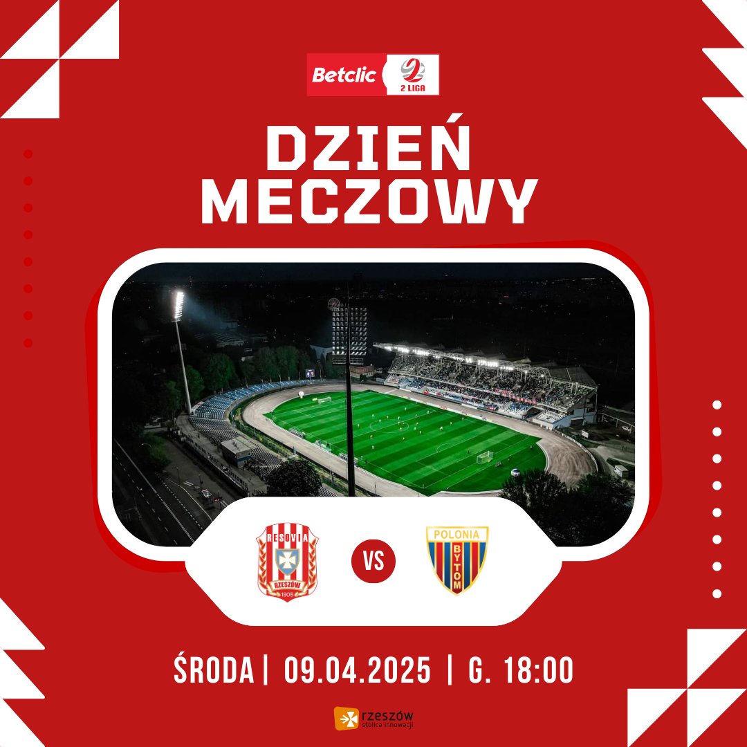 cwksresoviapl's tweet photo. 𝐃𝐙𝐈𝐄𝐍́ 𝐌𝐄𝐂𝐙𝐎𝐖𝐘 #RESPOL 🔥

🏆 23. kolejka @laczynas2liga
⚽ Resovia - @PoloniaBytom
🗓 09/04/2025 (środa)
🕒 18:00
🏟️ Stadion Miejski w @miasto_rzeszow
🎟️ Bilety online: https://t.co/FLgMVIpJtC
🎟️ Bilety stacjonarnie: od 16:30 w kasach
🚌 Komunikacja z Resovii o 17:00 https://t.co/cLM5QSkt1d