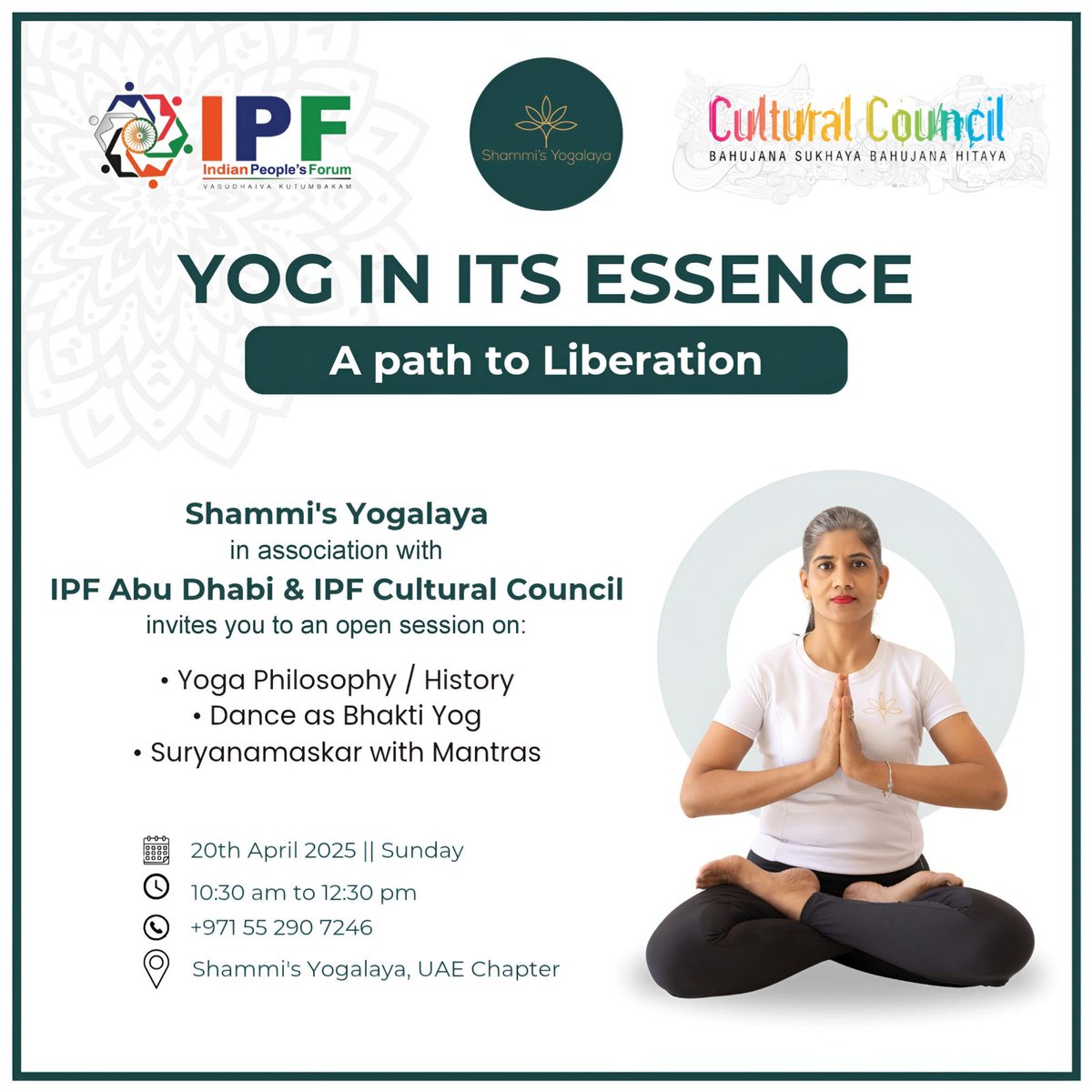 IPF_uae's tweet photo. IPF gets ready for countdown to #yoga-day AbuDhabi Chapter &amp; Cultural Council present ‘Yog in it’s essence’ to take us thru Yoga as holistic practice focusing on creating balance between mind,body &amp; spirit.join us on20th April !@Vaidyaj @RANJANRAJEEV201 @cgidubai @IndembAbuDhabi https://t.co/Ljwxa07jfG