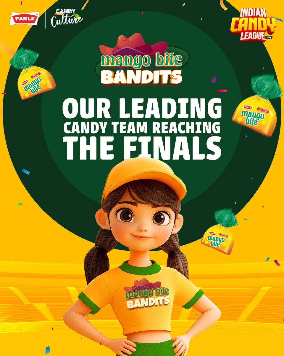 ParleCandy's tweet photo. Your favourite candy team, Mango Bite Bandits, is ready for the final showdown. The competition is getting sweeter, and your love can help it win!
  
#ParleCandy #Candy #MangoBite #CandyWinner #SemiFinalWinner #SemiFinalMatch1 #IndianCandyLeague2025 #IndianCandyLeague https://t.co/znvT6Q5z3D