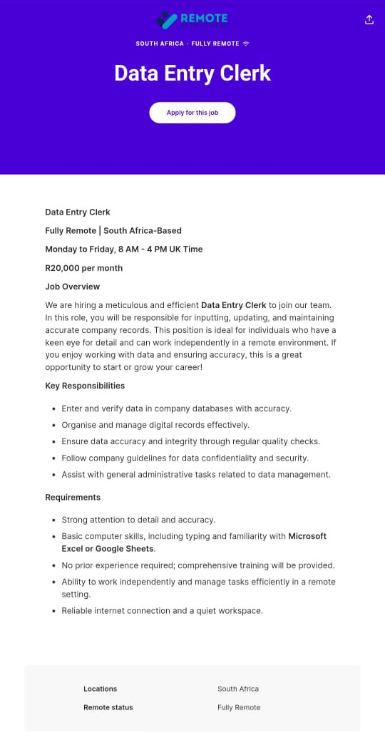 CarolBoitumelo1's tweet photo. CAN YOU HANDLE REMOTE JOB?

Data Entry Clerk (Work from Home)

📌R20 000 p/m

Requirements:

- Grade 12 or equivalent
- Basic computer skills
- Strong typing skills

No experience necessary!

Apply now and work from the comfort of your own home!

Click the link to learn more and apply: https://t.co/wibzR0dMbM