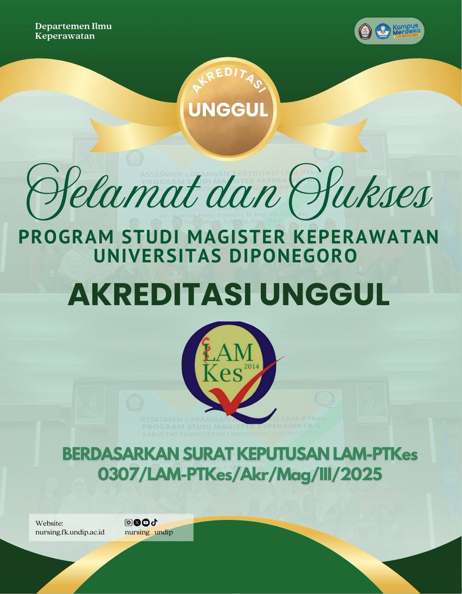 nursing_undip's tweet photo. 🎉 Selamat &amp; Bangga! 🎉

Program Studi Magister Keperawatan Universitas Diponegoro telah meraih Akreditasi UNGGUL dari LAM-PTKes!

#DepartemenIlmuKeperawatanFKUndip
#DIKFKUndip2025
#AkreditasiUnggul https://t.co/ljV70PeZzl
