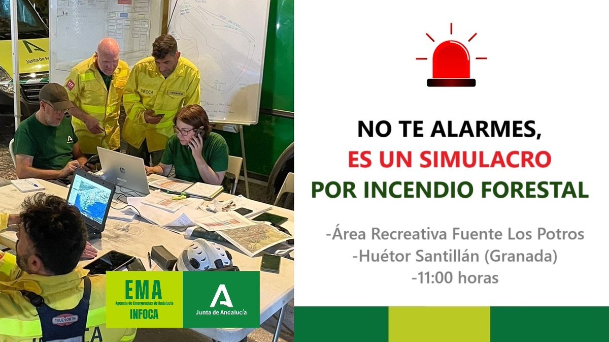 🚨Durante la mañana se desarrollará un #Simulacro #IIFF en Huétor Santillán. Si ves vehículos de emergencia, no te alarmes. 

#BuenosDías
#AndalucíaSegura
#IUF