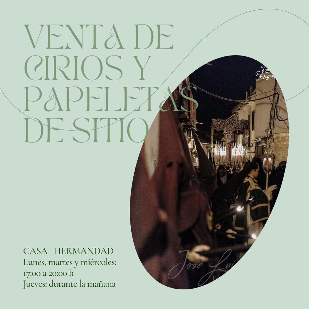 hdad_JHS's tweet photo. VENTA DE CIRIOS Y PAPELETAS DE SITIO

• Casa Hermandad 
• Lunes, martes y miércoles: 17:00 a 20:00 h
• Jueves: durante la mañana

 #SemanaSanta2025 #juevessanto2025 #hdadjesusnazarenoyesperanza #elrubio https://t.co/4tAIWT4SZ3