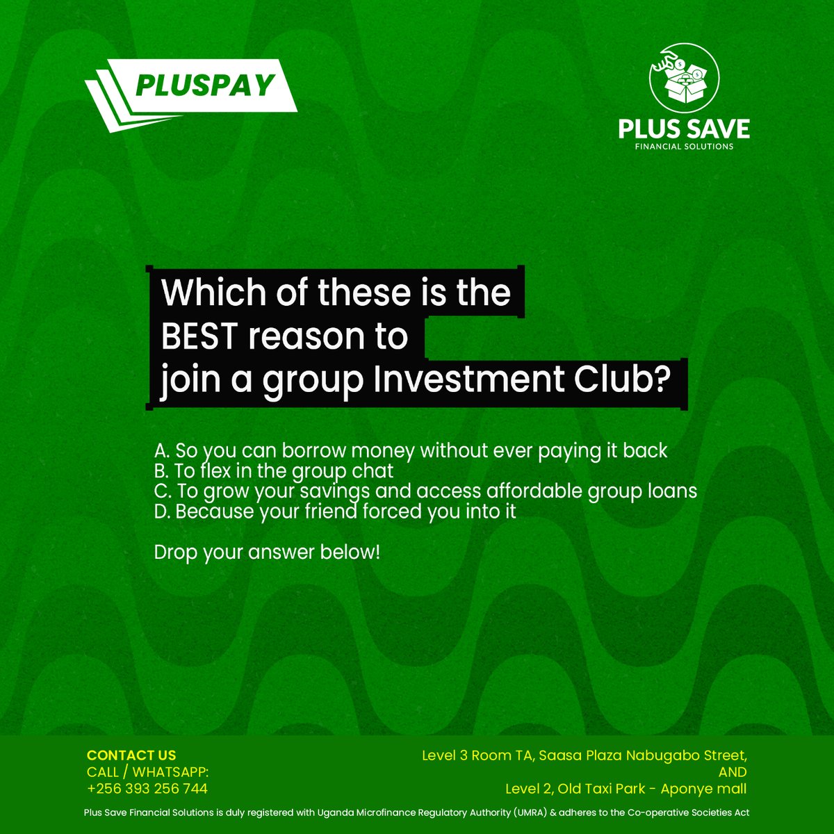 Plussave_'s tweet image. Which of these is the BEST reason to join a group Investment Club?

Drop your answer below! 👇
And yes, there’s a right one 😏