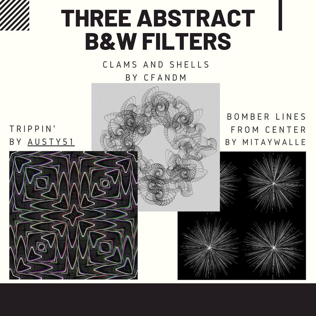 filterforge's tweet image. Three abstract B&amp;amp;W filters

Trippin&apos; by Austy51
filterforge.com/filters/12267.…

Bomber Lines from center by mitaywalle
filterforge.com/filters/15696.…

Clams and Shells by CFandM
filterforge.com/filters/13427.…

What filter do you like most?

#filterforge #abstracttexture #bwpattern