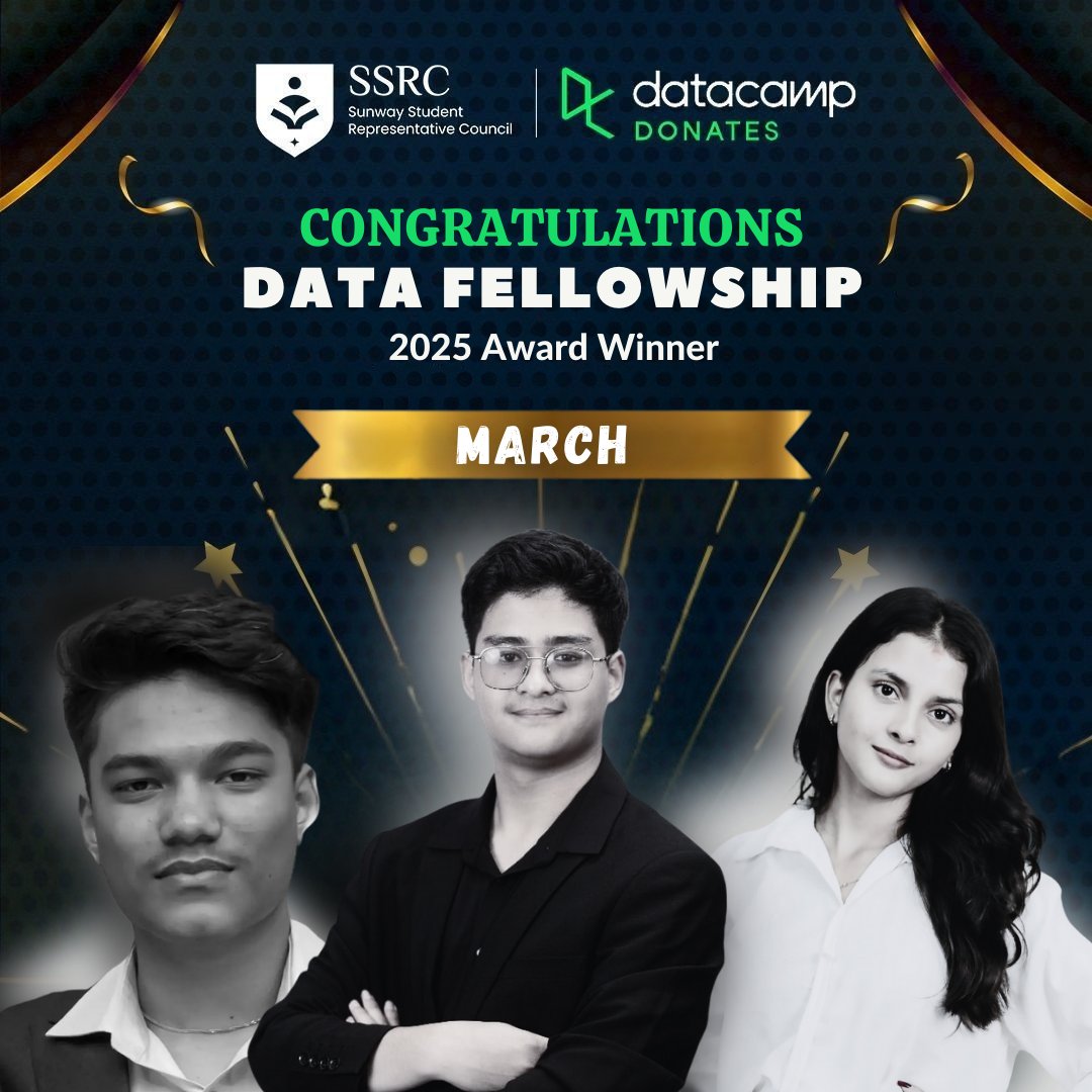 sunwaysrc's tweet photo. We're excited to announce the winners of Data Fellowship for the month of March. Congratulations to our three outstanding winners under Highest Course Conqurer and highest XP Earner: Sanket Shrestha, Utsaha Bogati and Trishan Wagle #SSRC #Datacamp https://t.co/LxaoSXgl45