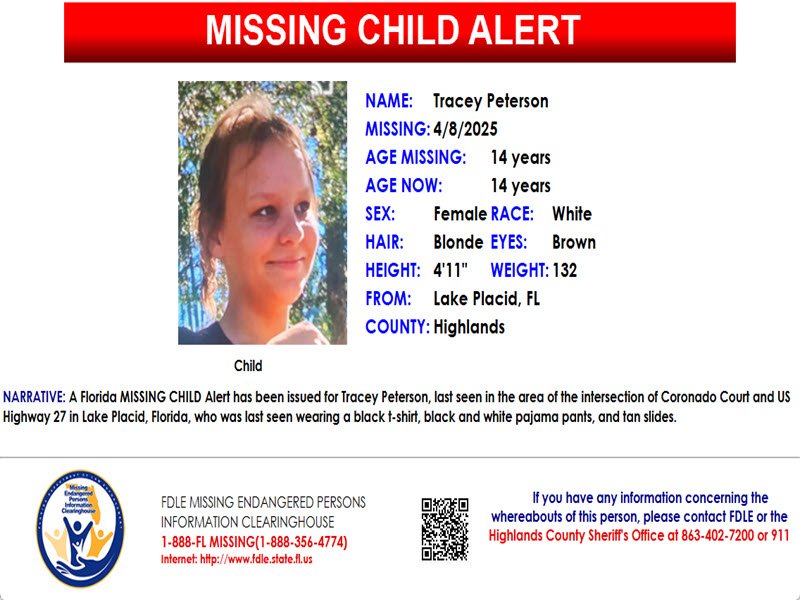 PLEASE SHARE! - A Florida MISSING CHILD Alert has been issued for Tracey Peterson, a white female, 14 years old, 4 feet 11 inches tall, 132 pounds, blonde hair and brown eyes, last seen in the area of the intersection of Coronado Court and US Highway 27 in Lake Placid, Florida,