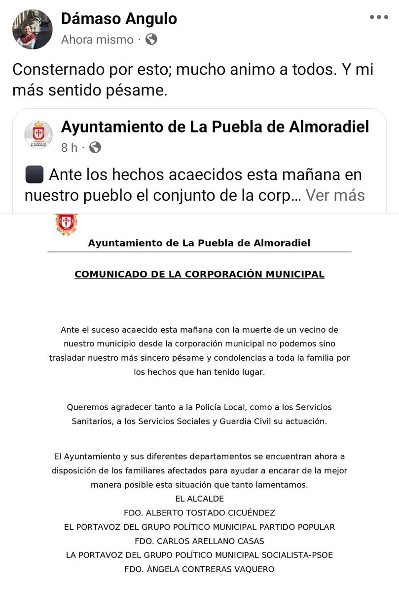 Damasoangulo's tweet photo. Siguiendo muy de cerca lo ocurrido en #LaPuebladeAlmoradiel mi más sentido pésame y que no se vuelva a repetir algo así jamás. https://t.co/jHq9SWLqrf