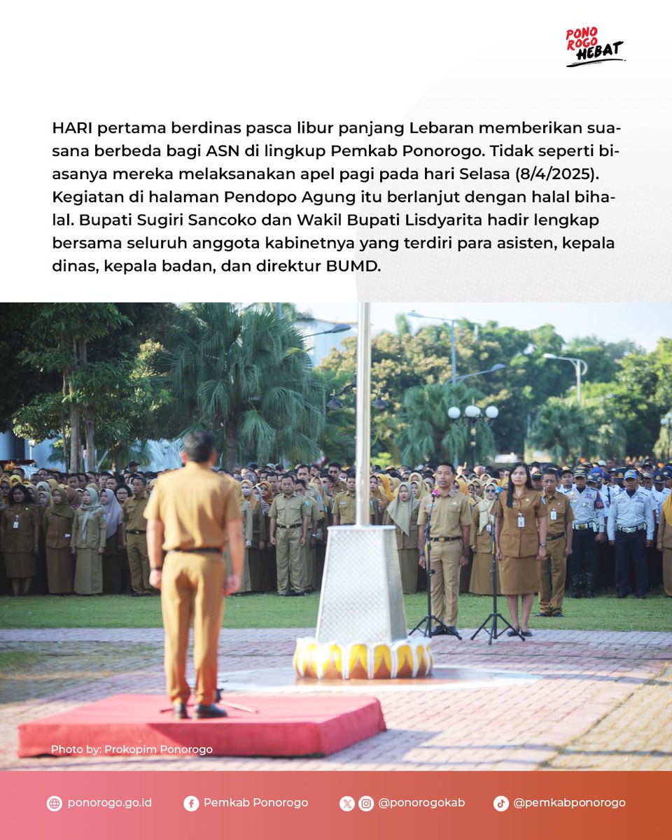 PonorogoKab's tweet photo. ‘’Setelah libur panjang, mari bekerja lagi dengan semangat karena hidup kita memang ditakdirkan untuk mengabdi kepada negara sebagai pelayan masyarakat,’’ kata Kang Giri.

Selengkapnya: https://t.co/4d3NONCm9N

#ponorogoHEBAT #ponorogokab #apel #halalbihalal https://t.co/MYy8Kn4UiS