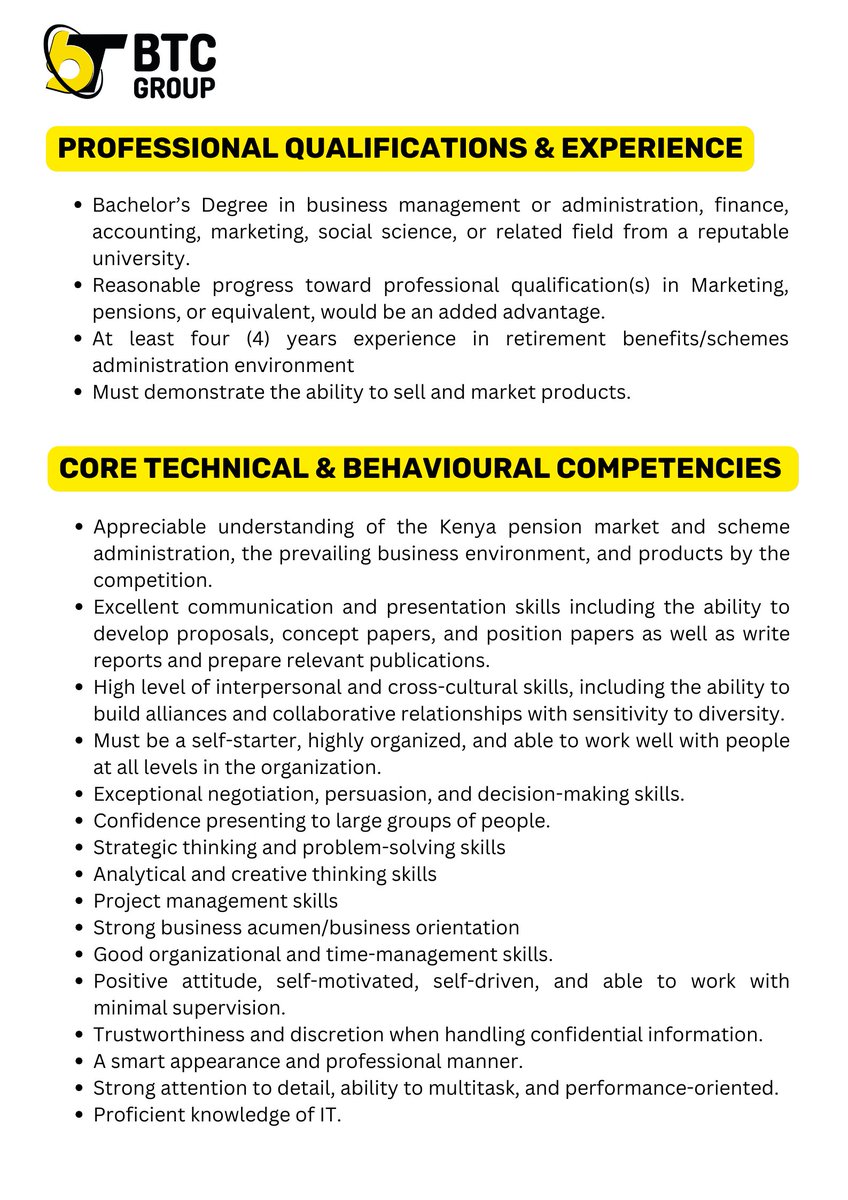 BTC Group (@btcgroupke) on Twitter photo WE’RE #HIRING: Benefits Consultant
Responsibilities :
- Mastering company’s offerings, pricing & policies
- Processing new business with competitive quotations
- Building & retaining strong relationships
Send your CV with the role as the subject to info@btc-group.co.ke WE’RE #HIRING: Benefits Consultant
Responsibilities :
- Mastering company’s offerings, pricing & policies
- Processing new business with competitive quotations
- Building & retaining strong relationships
Send your CV with the role as the subject to info@btc-group.co.ke