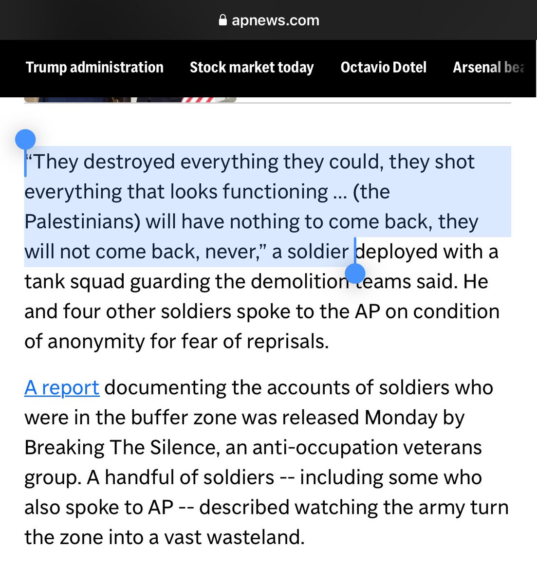 AssalRad's tweet photo. Israeli soldiers describe their deliberate destruction of Gaza and kill zones where they shot at everyone including women and children.

“Palestinians will have nothing to come back, they will not come back, never.” https://t.co/VsTwfHqJqE
