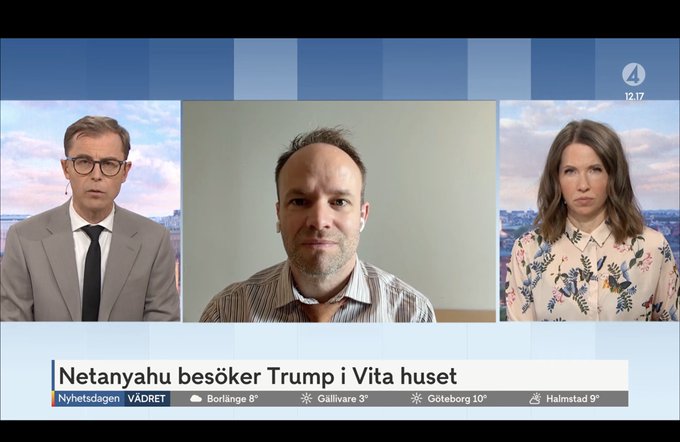 Statsvetenskap vid Linnéuniversitetet (@polsci_lnu) on Twitter photo Israels premiärminister Netanyahu besökte Vita Huset tidigare i veckan. <a href="/82AndersPersson/">Anders Persson</a> kommenterade i TV4 Nyhetsdagen det hastigt påkomna mötet, den nu pågående accelererade fasen av kriget i Gaza, och att Israels nuvarande strategi är okänd.
tv4play.se/video/217a7ceb… Israels premiärminister Netanyahu besökte Vita Huset tidigare i veckan. <a href="/82AndersPersson/">Anders Persson</a> kommenterade i TV4 Nyhetsdagen det hastigt påkomna mötet, den nu pågående accelererade fasen av kriget i Gaza, och att Israels nuvarande strategi är okänd.
tv4play.se/video/217a7ceb…