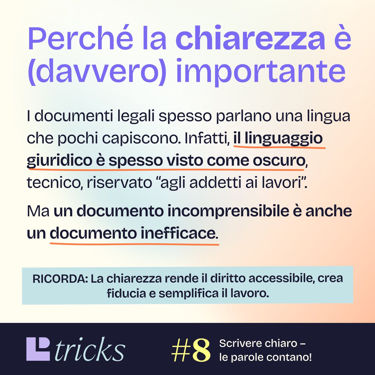 dirittodigitale's tweet image. ✍️ Legal Design Tricks #8 – Scrivere chiaro: le parole contano!

📌 Nell'infografica di oggi della nostra Deborah Paracchini trovi consigli pratici per scrivere testi legali più chiari e accessibili a tutti.

#LegalDesignTricks #LegalDesign #LegalClarity #PlainLanguage