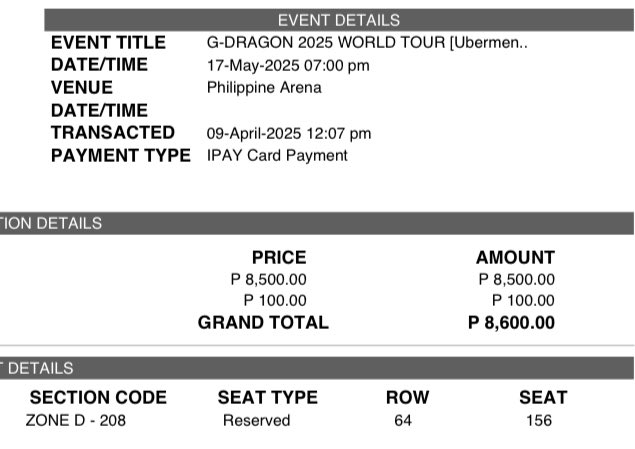wts / selling

GDRAGON in Manila

ZONE D - 208 Row 64 Seat 156

SRP: 8600 (with SM Tix Fee)

RFS: My friend upgraded w/ her sister to Zone A.