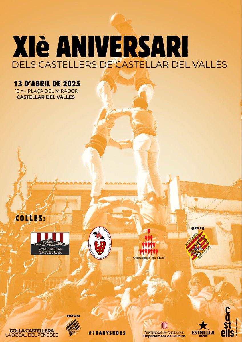 Aquest diumenge diada castellera a Castellar del Vallès, a les 12:00h. 

Actuem juntament amb: 
<a href="/capgiratscdv/">Castellers Castellar</a>
<a href="/CastellersdeMiR/">Castellers de Montcada i Reixac</a>
<a href="/CastellersRubi/">Castellers de Rubí</a>

Ens hi acompanyes? Apunta't al bus! 🧡

#10anysBous