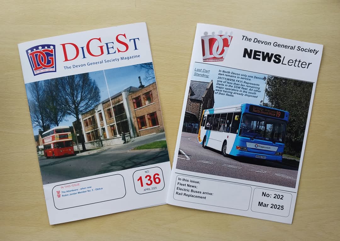 The latest issues of our Digest magazine and Newsletter have been distributed to our members. Digest 136 features a well-illustrated article about DG's Leyland Atlanteans when they were new; NL202 has the latest news on the Devon bus scene and information about upcoming events.