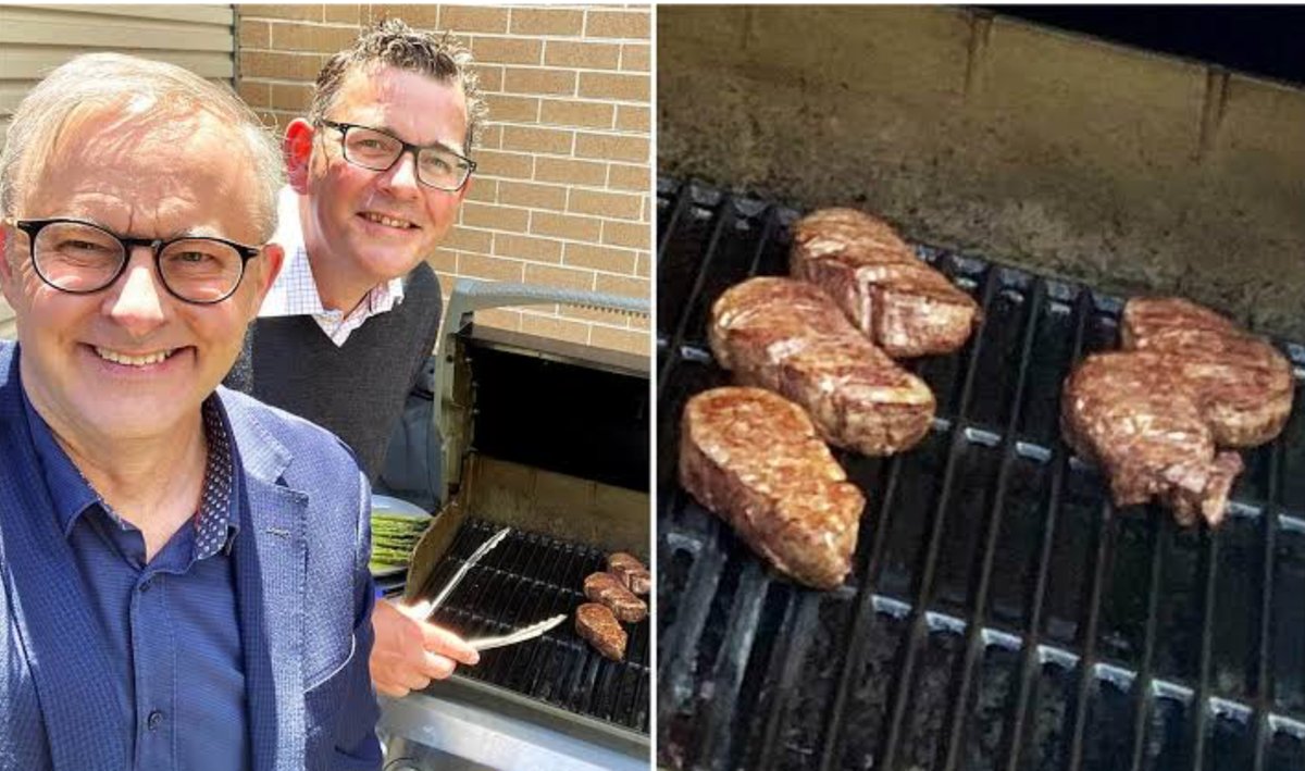 craigkellyAFEE's tweet photo. This one image sums up Albanese - fake and hypocritical.
He fakes a photo of himself with Dan Andrews supposedly cooking steaks on a BBQ - yet the BBQ has no heat or flame and the grill is clean.
And meanwhile he’s signed up Australia up to NET ZERO, which means the end of the Beef Industry and no more gas BBQ’s.