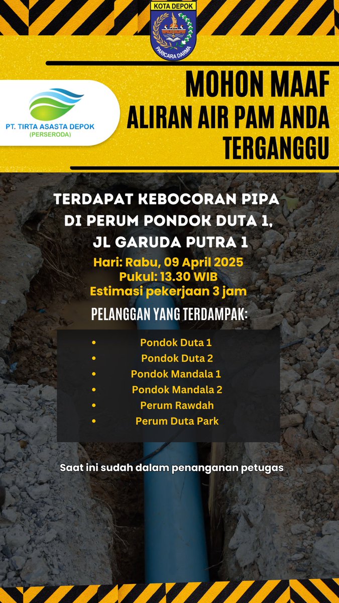 TirtaAsasta's tweet photo. Hallo kawan Asasta, mohon maaf atas ketidaknyamanannya terdapat kebocoran di Perum Pondok Duta 1, Jl Garuda Putra 1, saat ini sudah dalam penanganan petugas
#tirtaasasta
#PDAMDepok
#PDAM https://t.co/CFzIEzHtJ1