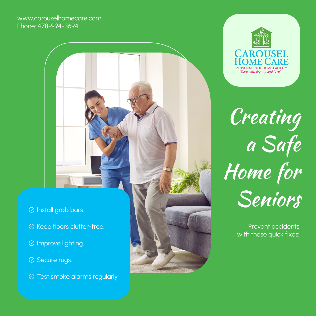 carouselhc's tweet image. A safer home means peace of mind. Follow these easy steps! 

#ForsythGA #AssistedLiving #SafeLiving